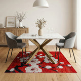 Red Plum Blossom Area Rug with Geometric Lattice