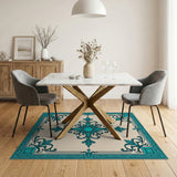 Teal Ornate Frame Area Rug
