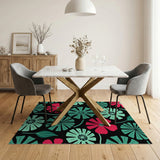 Teal Pink Geometric Floral Black Area Rug