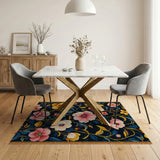 Navy Floral Area Rug with Pink Yellow Blooms