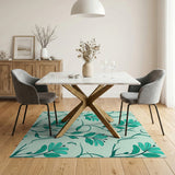 Teal Floral Leaves Area Rug on Mint