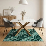 Teal Palm Leaf Area Rug on Emerald Green