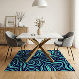Navy Teal Swirling Geometric Area Rug