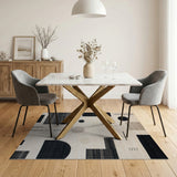 Abstract Geometric Beige Area Rug with Black Shapes
