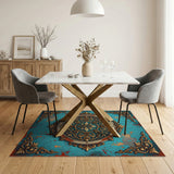 Ornate Gold Filigree Medallion Teal Rug