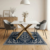 Navy Ornate Lotus Floral Area Rug