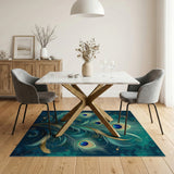 Teal Peacock Feathers Area Rug with Gold Accents