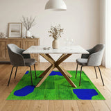 Green Grid Abstract Area Rug with Blue Shapes