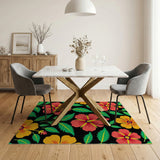 Vibrant Hibiscus Floral Area Rug on Black