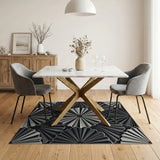 Black White Layered Fan Geometric Area Rug