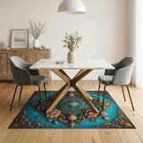 Teal Gold Baroque Floral Seashell Rug