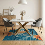 Teal Monstera Palm Orange Hibiscus Area Rug