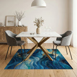 ODIKA Washable Blue and Gold Ocean Wave Abstract Rug - Low Pile Non-Slip Area Rug
