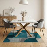 Teal Blue Curved Geometric Area Rug