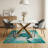 Teal Sea Turtle Coastal Area Rug with Palm Leaves
