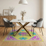 Vibrant Yellow Area Rug with Pink Blue Floral Borders