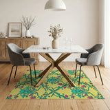 Vibrant Teal Pink Floral on Yellow Area Rug