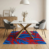 Vibrant Blue Feathers on Red Area Rug