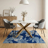 Blue and Teal Navy Blue Hibiscus Palm Leaf Area Rug