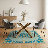 Blue and Teal Ornate Teal Medallion Area Rug