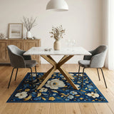 Navy Blue Peony Floral Rug with Gold Accents