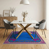 Vintage Blue Area Rug with Pink Floral Border