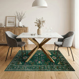 Emerald Green Heritage Tribal Area Rug with Abstract Birds