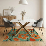 Vibrant Orange Blooms Teal Floral Area Rug
