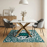 ODIKA Teal Sea Turtle Washable Area Rug - Coastal Low Pile Non-Slip Rug