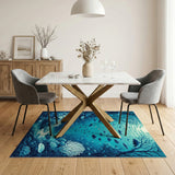 Blue Teal Underwater Coral Fish Area Rug