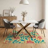 Sunny Yellow Rug with Red Flowers and Teal Leaves