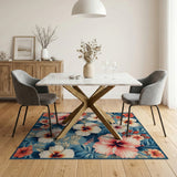 Teal Hibiscus Floral Area Rug