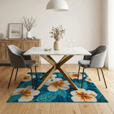 Blue Teal Hibiscus Floral Coastal Area Rug