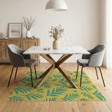 Teal Fern Leaves on Sunny Yellow Boho Rug