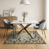 Elegant Floral Border Area Rug in Beige Black