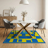 Vibrant Blue Yellow Geometric Patchwork Rug