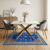 Blue and Teal Navy Blue Fleur-de-Lis Area Rug with Ornate Borders