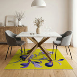 Purple Iris Blooms on Vibrant Yellow Rug