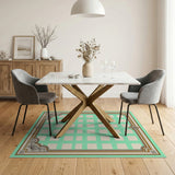 Mint Green Geometric Grid Rug with Ornate Gold Borders