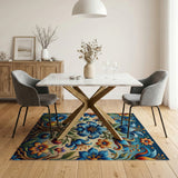 Vibrant Blue Lily Bird and Fruit Tree Floral Rug