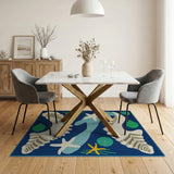 Navy Blue Seashell Starfish Coastal Area Rug