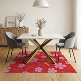 ODIKA Red Floral Washable Area Rug - Whimsical Pink Flower Low Pile Non-Slip Carpet