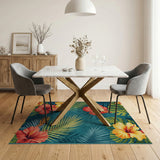 Teal Hibiscus Bloom Tropical Leaf Area Rug