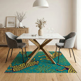 Bold Yellow Leopard Teal Leaf Area Rug