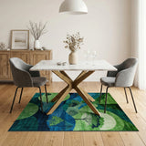 Lush Green Geometric Landscape Rug with Moonlit Trees