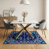 Ornate Teal Floral Navy Persian Area Rug