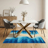 Blue and Teal Coastal Wave Beige Area Rug