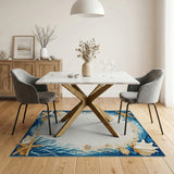 Coastal Starfish Seashell Blue Border Area Rug