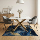 ODIKA Washable Navy Blue and Gold Marble Abstract Area Rug - Low Pile Non-Slip Carpet