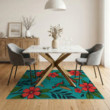 Teal Hummingbird Hibiscus Area Rug